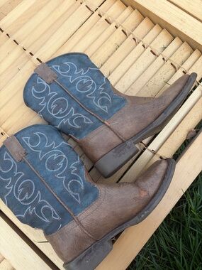 Roper Brown Foot with Blue Embroidered Shaft Cowboy Boots